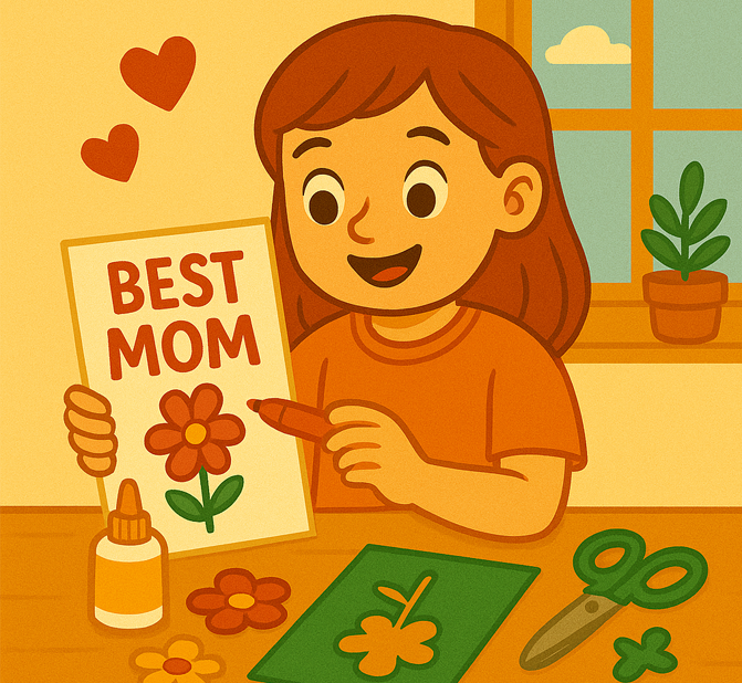 Niña sonriente elaborando una tarjeta para el Día de la Madre. Sostiene un cartel con la frase “Best Mom” decorado con una flor, mientras utiliza un rotulador rojo. En la mesa hay tijeras, pegamento y recortes de flores de colores, en un estilo de ilustración infantil y cálido.