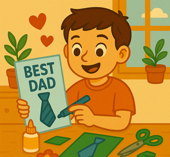 Niño sonriente elaborando una tarjeta para el Día del Padre. Sostiene un cartel azul con la frase “Best Dad” y un dibujo de una corbata, mientras usa un rotulador para decorarla. En la mesa hay tijeras, pegamento y recortes de cartulina, en un estilo de ilustración infantil y colorido.