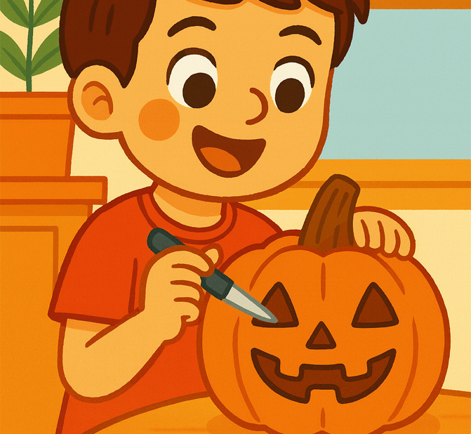 Niño sonriente decorando una calabaza de Halloween con un cuchillo pequeño, dibujando ojos y boca en forma de triángulos, en un estilo de ilustración infantil colorida.