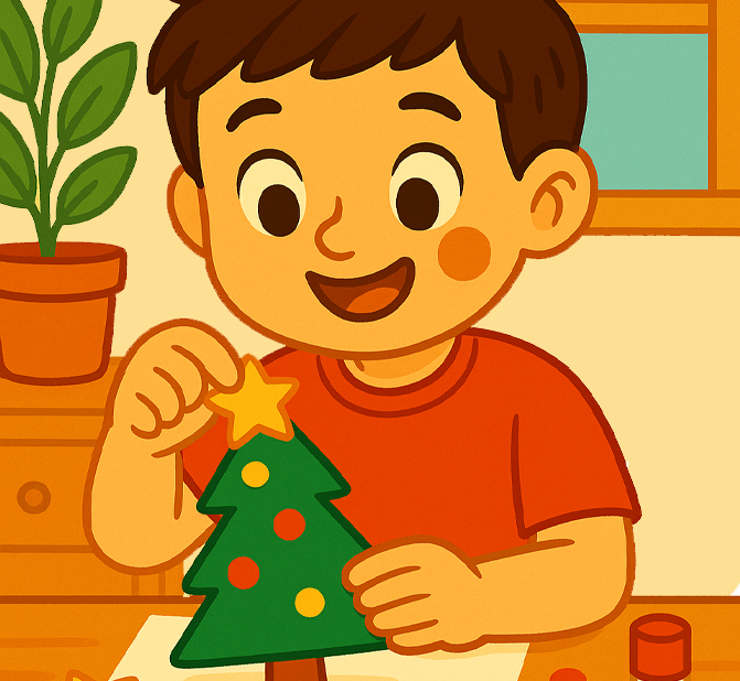 Niño sonriente haciendo una manualidad de Navidad. Decora un árbol de papel verde con círculos de colores y coloca una estrella amarilla en la punta, sobre una mesa con tijeras, pegamento y recortes.