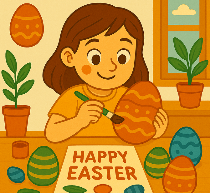 Niña sonriente pintando un huevo de Pascua con un pincel verde. En la mesa hay varios huevos decorados de colores y una cartulina con el mensaje “Happy Easter”, en un ambiente cálido y alegre con plantas y una ventana soleada, en estilo de ilustración infantil.