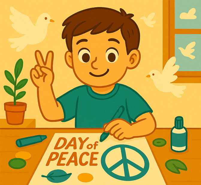 Niño sonriente haciendo un cartel para el Día de la Paz. Con una mano dibuja un símbolo de paz en la cartulina y con la otra muestra el gesto de la victoria. A su alrededor hay materiales de manualidades y en el fondo se ven palomas blancas y una ventana soleada, en estilo de ilustración infantil y colorido.