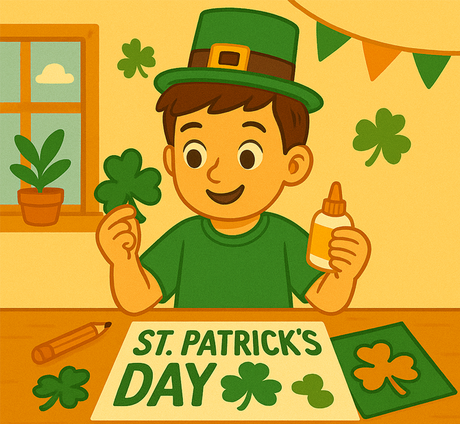 Niño sonriente realizando una manualidad para el Día de San Patricio. Sostiene un trébol verde y un bote de pegamento mientras en la mesa hay una cartulina con la frase “St. Patrick’s Day” y recortes de tréboles. La escena incluye guirnaldas, plantas y decoraciones verdes en un estilo de ilustración infantil y festivo.