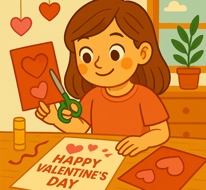Niña sonriente haciendo una manualidad de San Valentín. Está recortando corazones rojos con unas tijeras y decorando una tarjeta que dice “Happy Valentine’s Day”, rodeada de cartulinas, pegamento y adornos en forma de corazón, en un estilo de dibujo infantil y colorido.