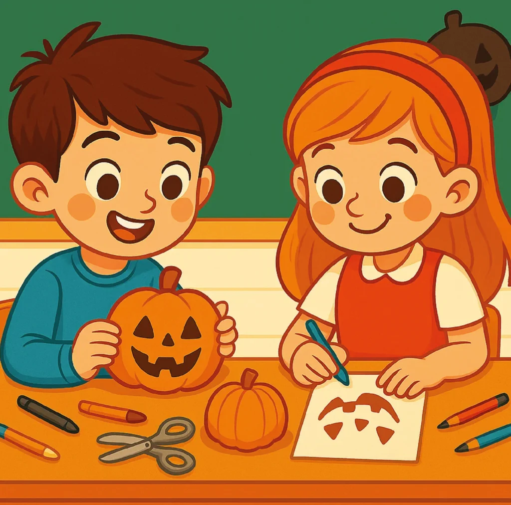 manualidades-celebraciones_Mesa de trabajo 1 “Ilustración infantil de un niño y una niña preparando calabazas de Halloween en la mesa, con dibujos, tijeras y rotuladores.”