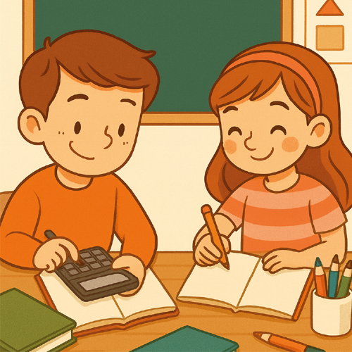 matematicas-quinto-1 lustración en estilo dibujo animado de dos alumnos de quinto de primaria resolviendo problemas de matemáticas en clase.