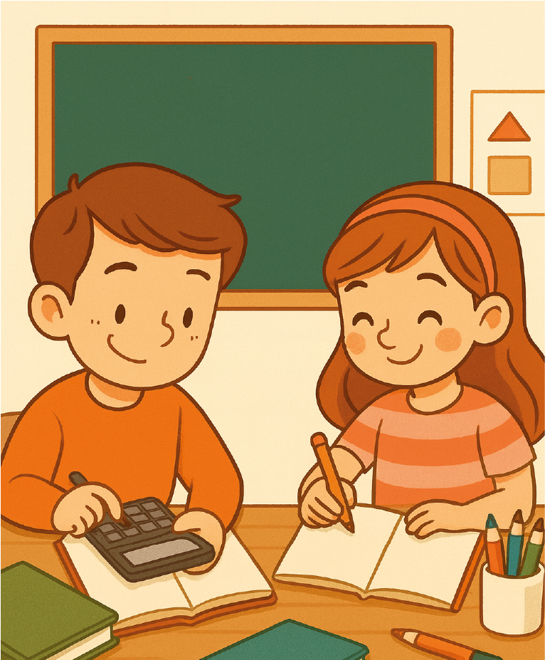 matematicas-quinto lustración en estilo dibujo animado de dos alumnos de quinto de primaria resolviendo problemas de matemáticas en clase.