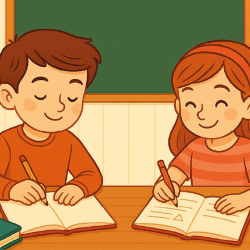 “Ilustración de dos alumnos de tercero de primaria resolviendo operaciones de matemáticas en clase, con libros abiertos, lápices de colores y un pizarrón con multiplicaciones sencillas.