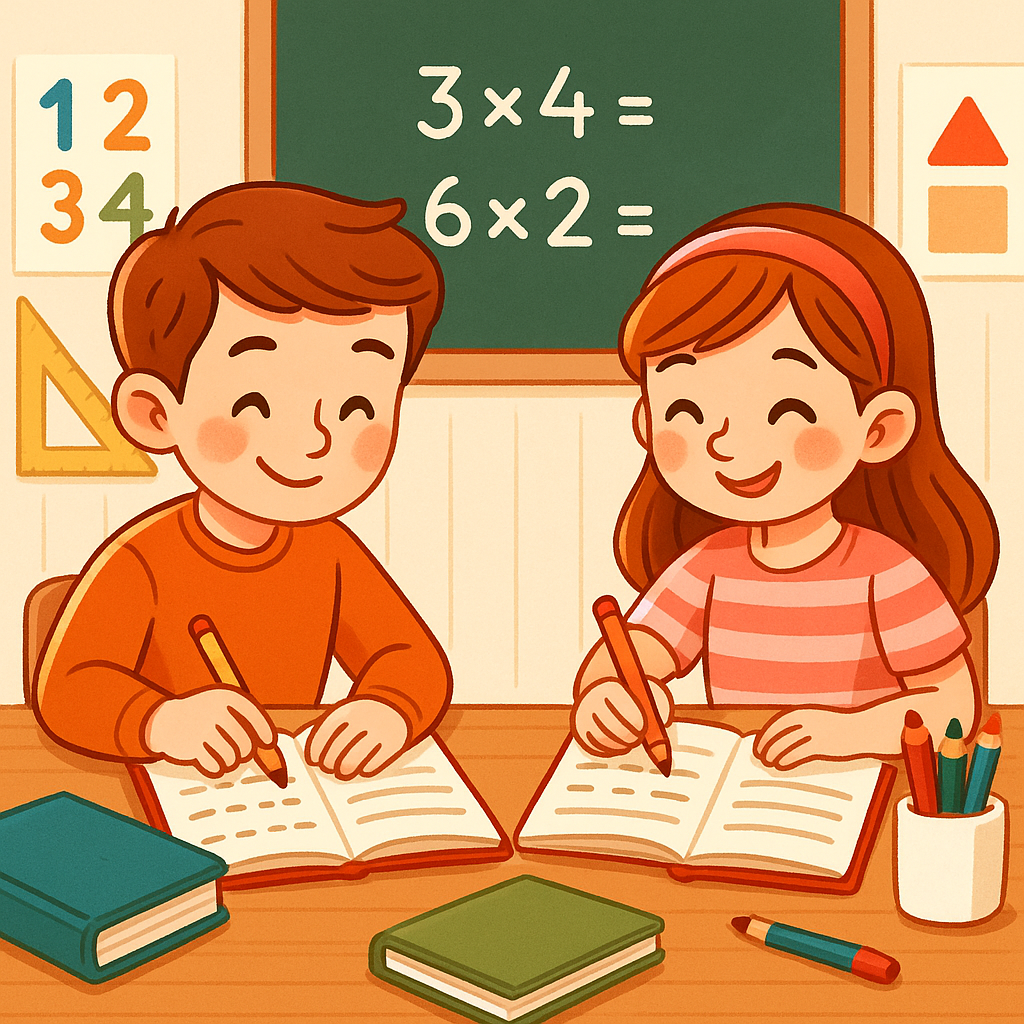 matematicas-tercero “Ilustración de dos alumnos de tercero de primaria resolviendo operaciones de matemáticas en clase, con libros abiertos, lápices de colores y un pizarrón con multiplicaciones sencillas.