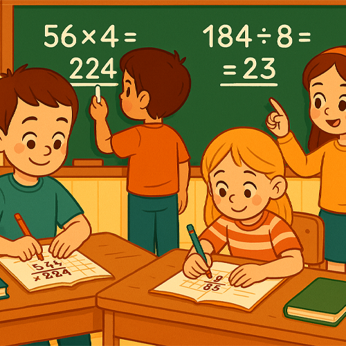 mates-cuarto-1 Ilustración colorida en estilo infantil de un aula de primaria. Dos niños están en la pizarra: uno resuelve una multiplicación de varias cifras y la otra una división. Sus compañeros, sentados en los pupitres, observan y escriben en sus cuadernos. El aula está decorada con carteles de números y figuras geométricas, creando un ambiente alegre y educativo.