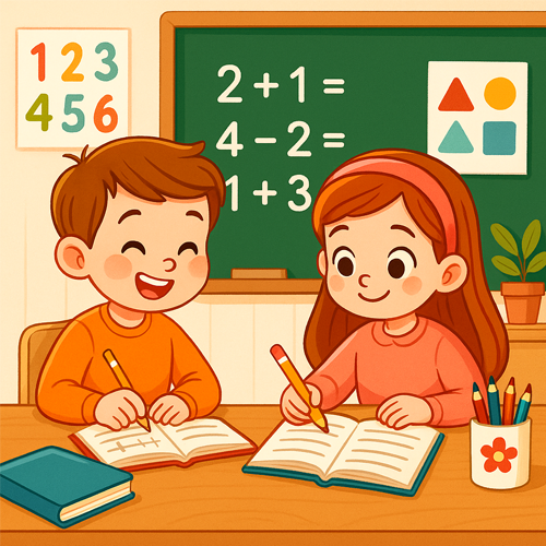 mates-primero-1-cabecera Ilustración colorida de un niño y una niña en un aula de primaria. Ambos están sentados en sus pupitres escribiendo en sus cuadernos mientras sonríen. Detrás de ellos hay una pizarra con operaciones matemáticas sencillas (2+1=, 4-2=, 1+3=) y en la pared un cartel con los números del 1 al 6 y figuras geométricas. También se ve una planta en maceta y libros sobre la mesa, creando un ambiente alegre y educativo.