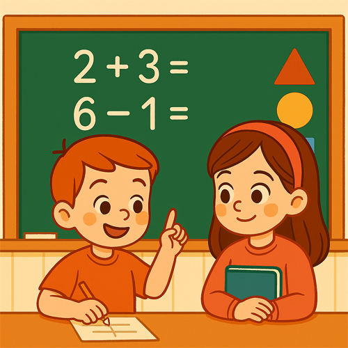 Ilustración digital en 2D que muestra una escena en un aula de primaria. Varios niños y niñas están participando en una clase de matemáticas, escribiendo y resolviendo operaciones en la pizarra, mientras otros trabajan en sus cuadernos en los pupitres. La clase está decorada con figuras geométricas de colores en las paredes y libros sobre las mesas, creando un ambiente alegre y educativo.