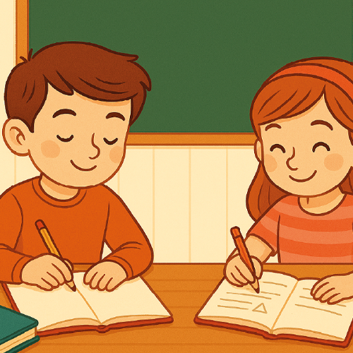 Ilustración en estilo dibujo animado de dos alumnos de sexto de primaria estudiando matemáticas en clase.