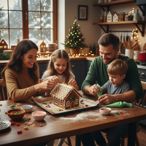 Niños haciendo una casa de jengibre con sus padres.