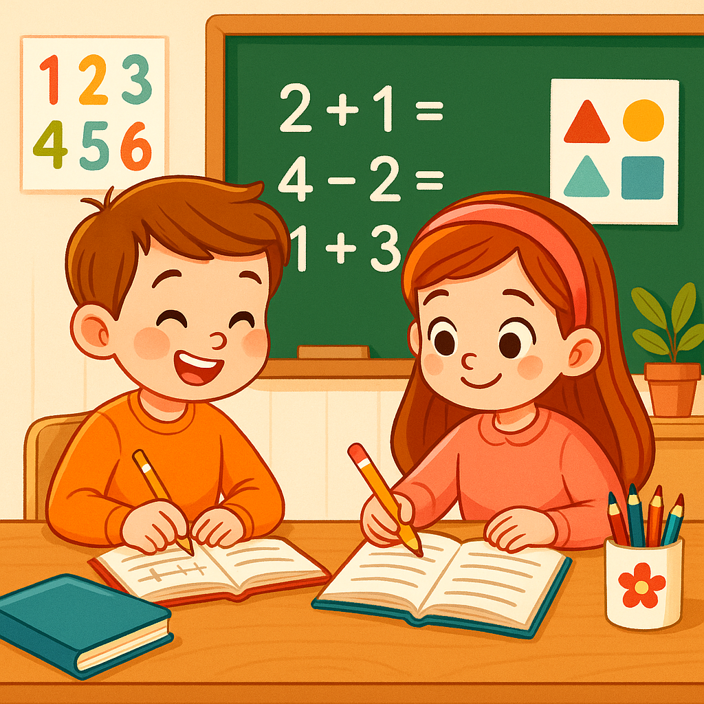 primero-matematicas Ilustración de un niño y una niña de primero de primaria estudiando matemáticas en clase, con libros abiertos, lápices de colores y un pizarrón con sumas sencillas.