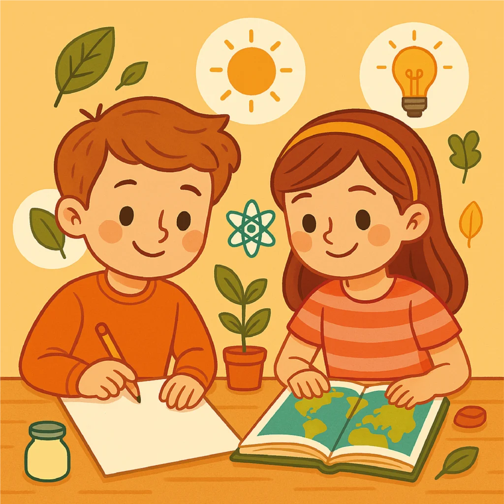 quinto-cono Ilustración en estilo dibujo animado de dos alumnos de quinto de primaria trabajando en un proyecto de Conocimiento del Medio. El niño dibuja una planta en su cuaderno y la niña observa un mapa en su libro, rodeados de iconos de naturaleza, energía y ciencia como hojas, sol, átomo y bombilla.