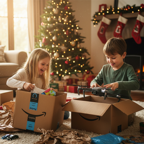 Imagen de unos niños abriendo regalos en Navidad.