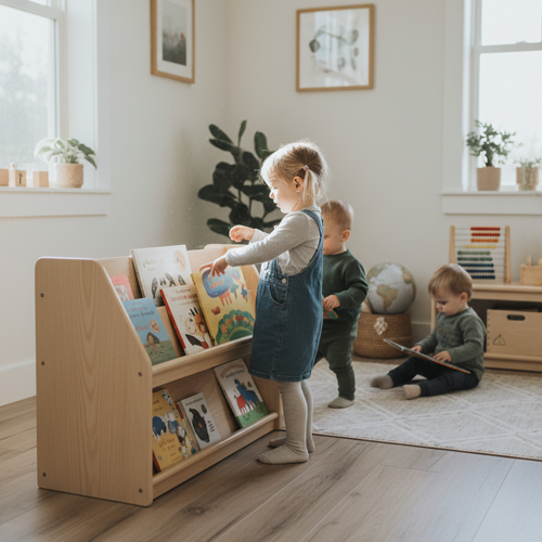 Niña cogiendo libros de una estantería Montessori.