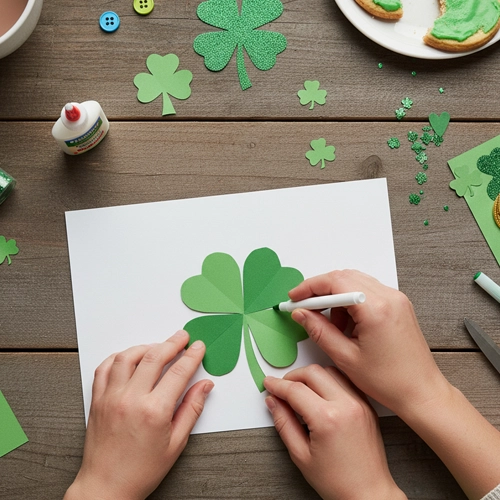 Imagen de una manualidad de San Patricio, haciendo un trébol con cartulina.