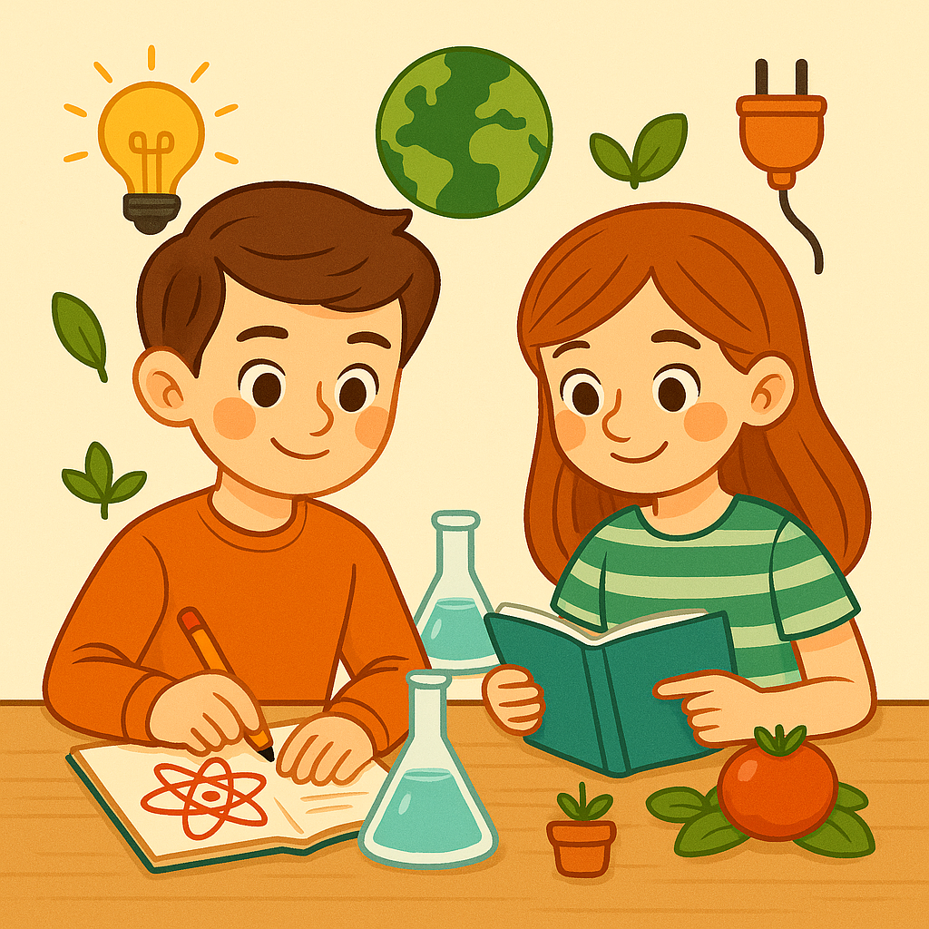 sexto-cono Ilustración en estilo dibujo animado de dos alumnos de sexto de primaria trabajando juntos en un proyecto de ciencias. El niño dibuja un átomo en su cuaderno mientras la niña lee un libro, rodeados de símbolos de energía, tecnología y medio ambiente como un enchufe, una bombilla, hojas y el planeta Tierra.