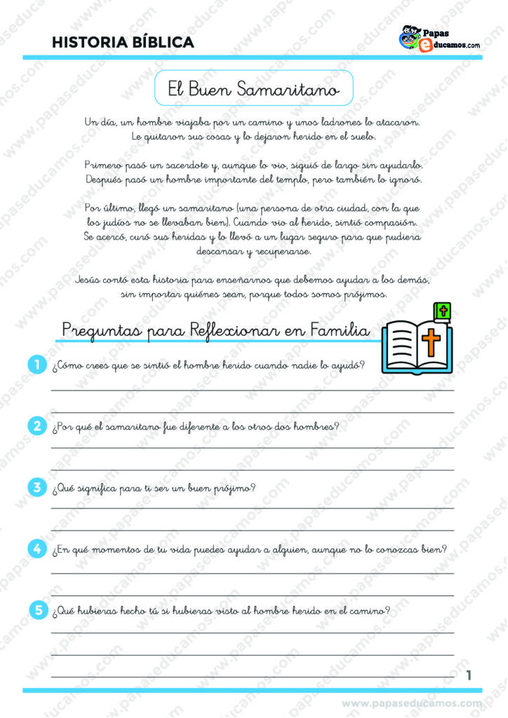 Ficha bíblica para primaria con la parábola del Buen Samaritano, incluye relato adaptado, preguntas de reflexión y dibujo para colorear.