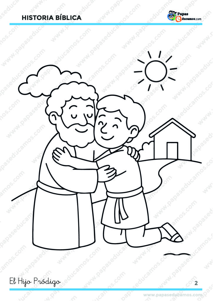 Dibujo bíblico para niños del Hijo Pródigo, el padre abraza con alegría al hijo que regresa a casa.