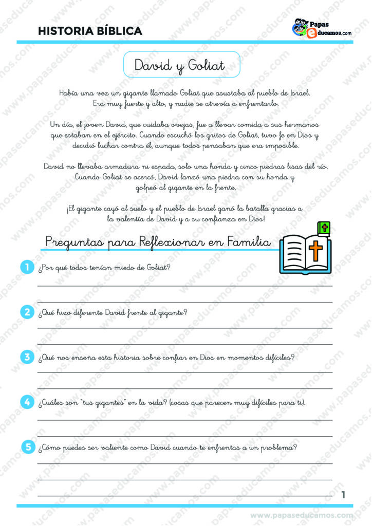 Ficha de Religión con la historia de David y Goliat adaptada para niños de primaria, incluye reflexión y actividad de colorear.