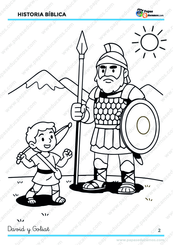 Ilustración en blanco y negro para colorear de David con su honda enfrentando al gigante Goliat con armadura.