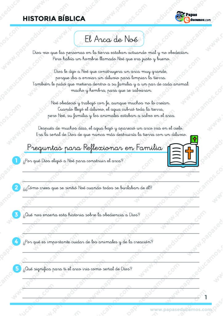 Ficha bíblica para primaria sobre el Arca de Noé, con texto sencillo, preguntas de reflexión y dibujo de animales para colorear.