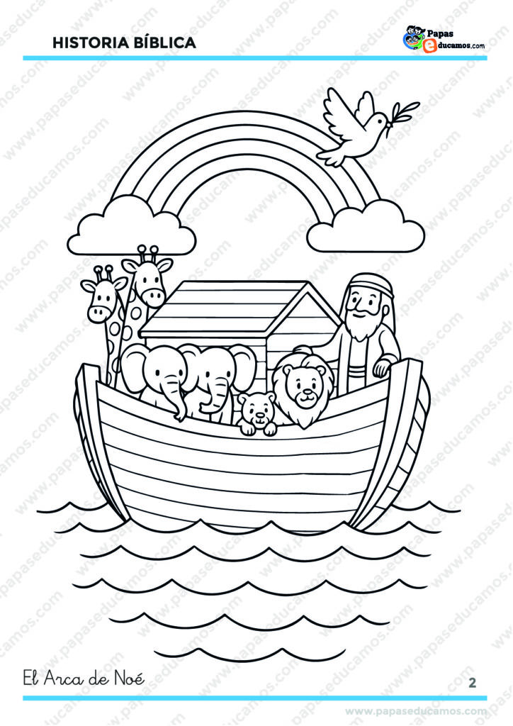Dibujo para colorear del Arca de Noé, con animales en pareja, una paloma con rama de olivo y un arco iris en el cielo.