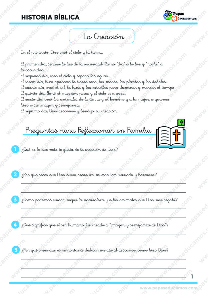 Ficha de Religión con la historia de la Creación, adaptada para primaria, con preguntas y dibujo de Adán, Eva y animales para colorear.
