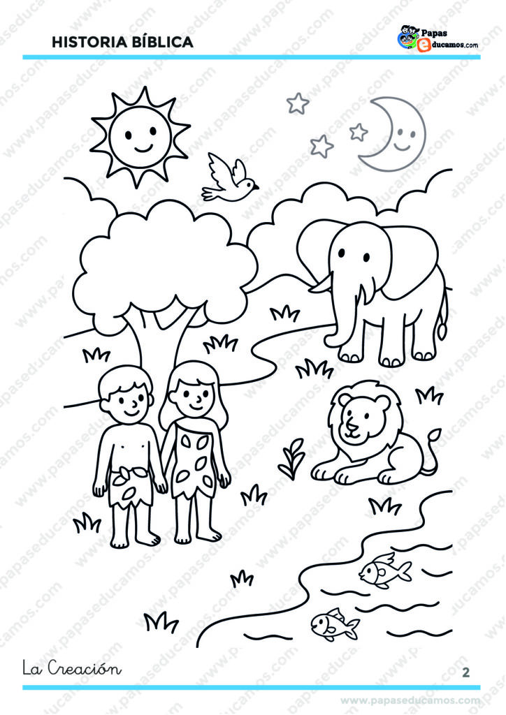 Ilustración bíblica para colorear de la Creación, con Adán y Eva en el Edén rodeados de animales, plantas, sol, luna y estrellas.