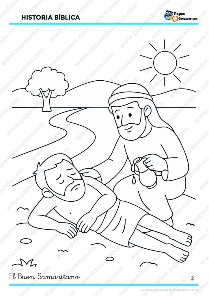 Dibujo en blanco y negro para colorear del Buen Samaritano ayudando al hombre herido en el camino.