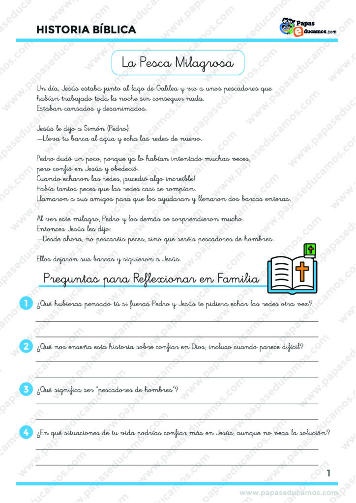 Ficha de Religión en primaria con la historia de la Pesca Milagrosa, actividades de reflexión y dibujo en blanco y negro para colorear.