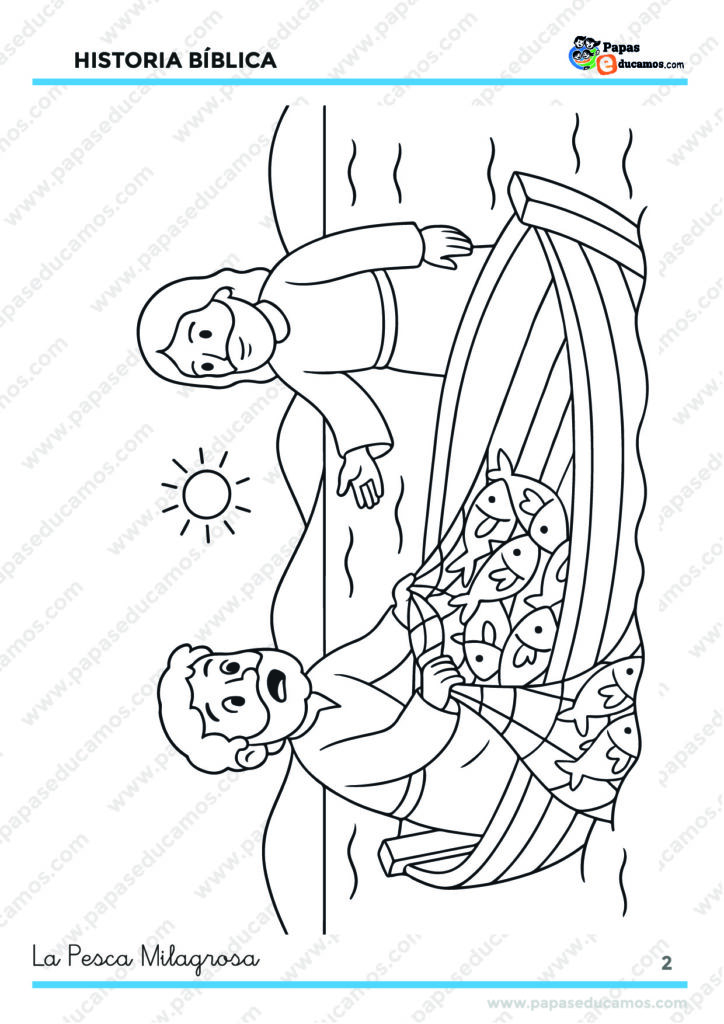 Ilustración para colorear de la Pesca Milagrosa, con Pedro en la barca sacando redes llenas de peces y Jesús en la orilla.
