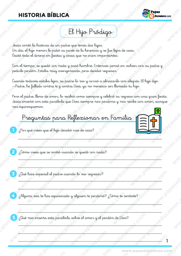 Ficha bíblica de primaria sobre la parábola del Hijo Pródigo, con preguntas para reflexionar en familia y dibujo para colorear.