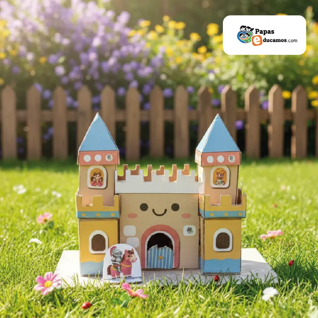 Maqueta de castillo infantil hecha con cartón, decorada con torres y figuras, ideal como manualidad creativa para niños.