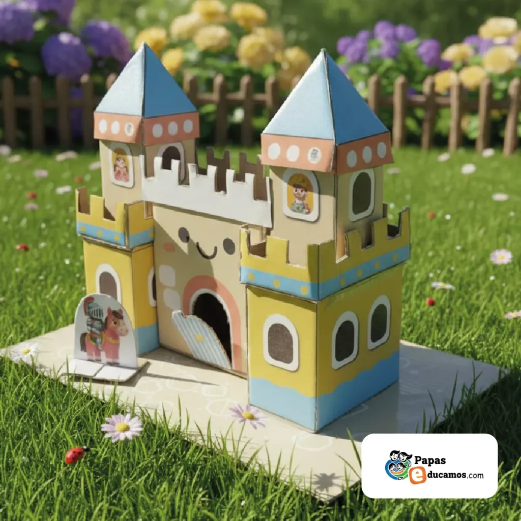 Manualidad de castillo medieval de cartón para niños, con torres, murallas y personajes, colocado sobre césped con flores.