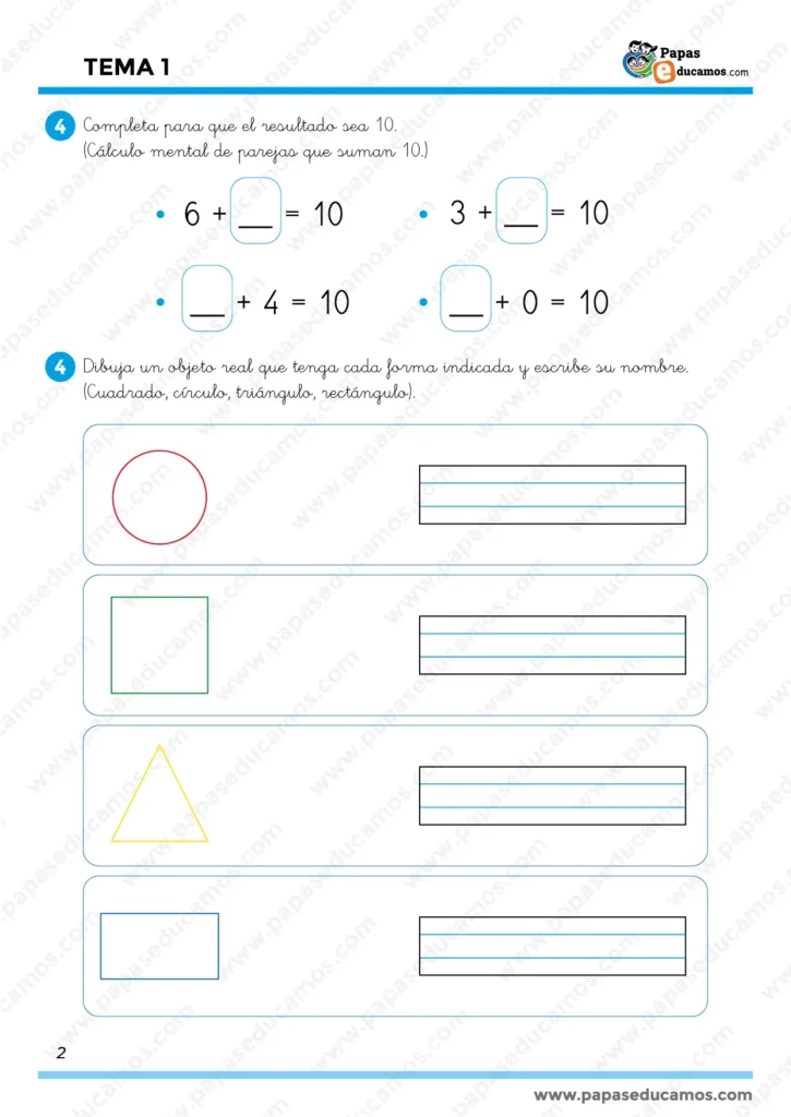 ejercicios-matematicas-1-1-02 Ficha de Matemáticas para Primero de Primaria con ejercicios de comparar números y completar series numéricas hasta el 10, según el libro “Construyendo Mundos” de Santillana.