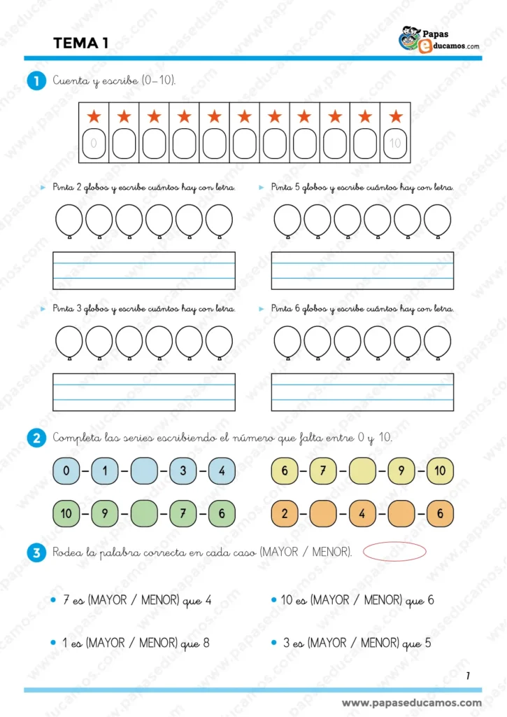 ejercicios-matematicas-1-1_Mesa de trabajo 1 Actividad de Matemáticas para Primero de Primaria: contar objetos y escribir números del 0 al 10, basada en el libro “Construyendo Mundos” de Santillana.