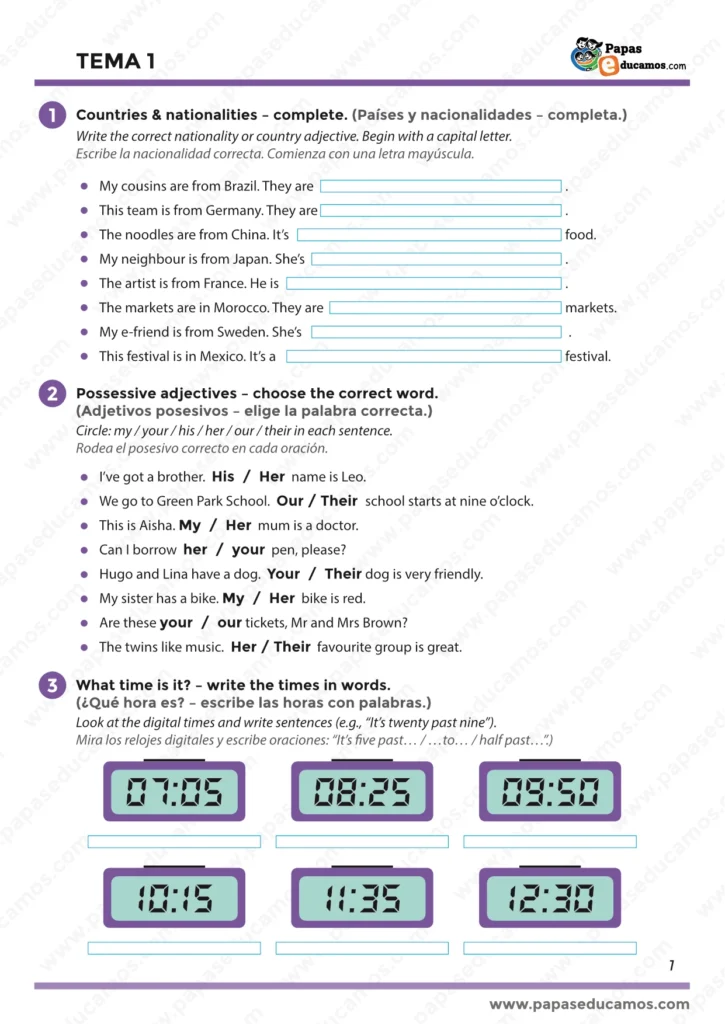ejercicios_ingles_tema_1_5_primaria_01 Ficha de inglés sobre países y nacionalidades para quinto de primaria. Actividades para completar con adjetivos de nacionalidad y posesivos.