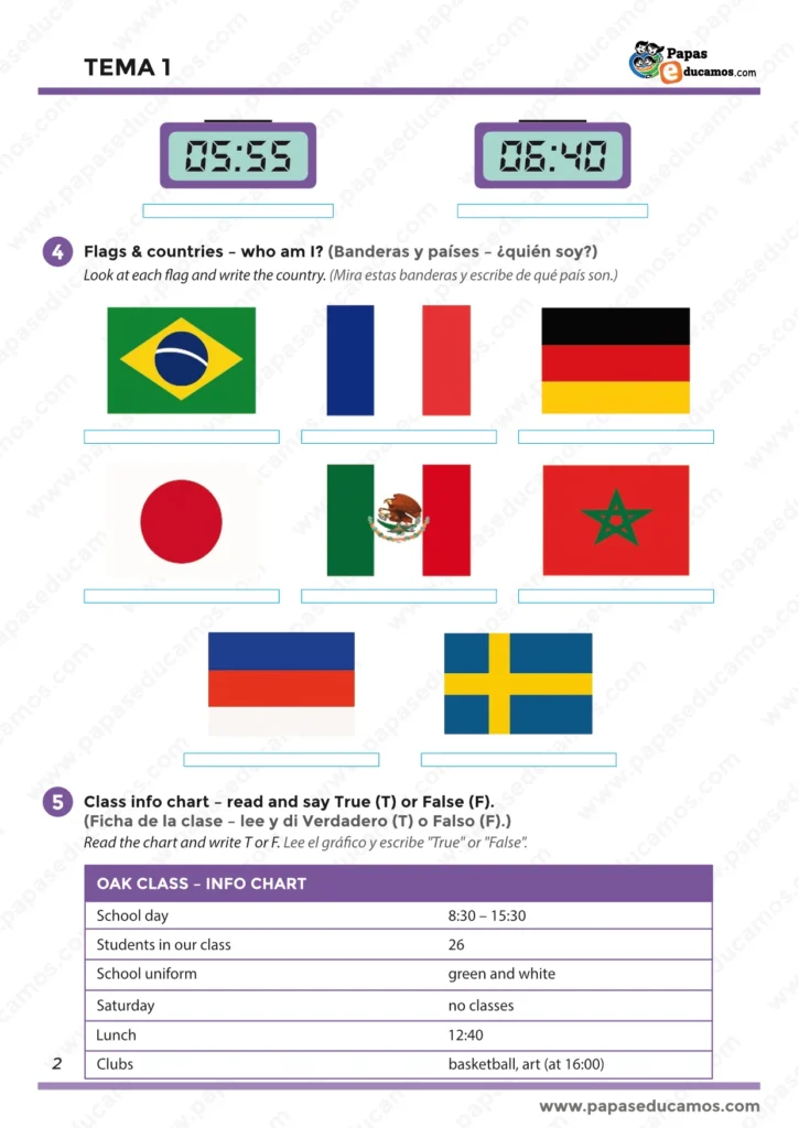 ejercicios_ingles_tema_1_5_primaria_02 Ficha de inglés con banderas y países, y práctica de horarios en formato digital.