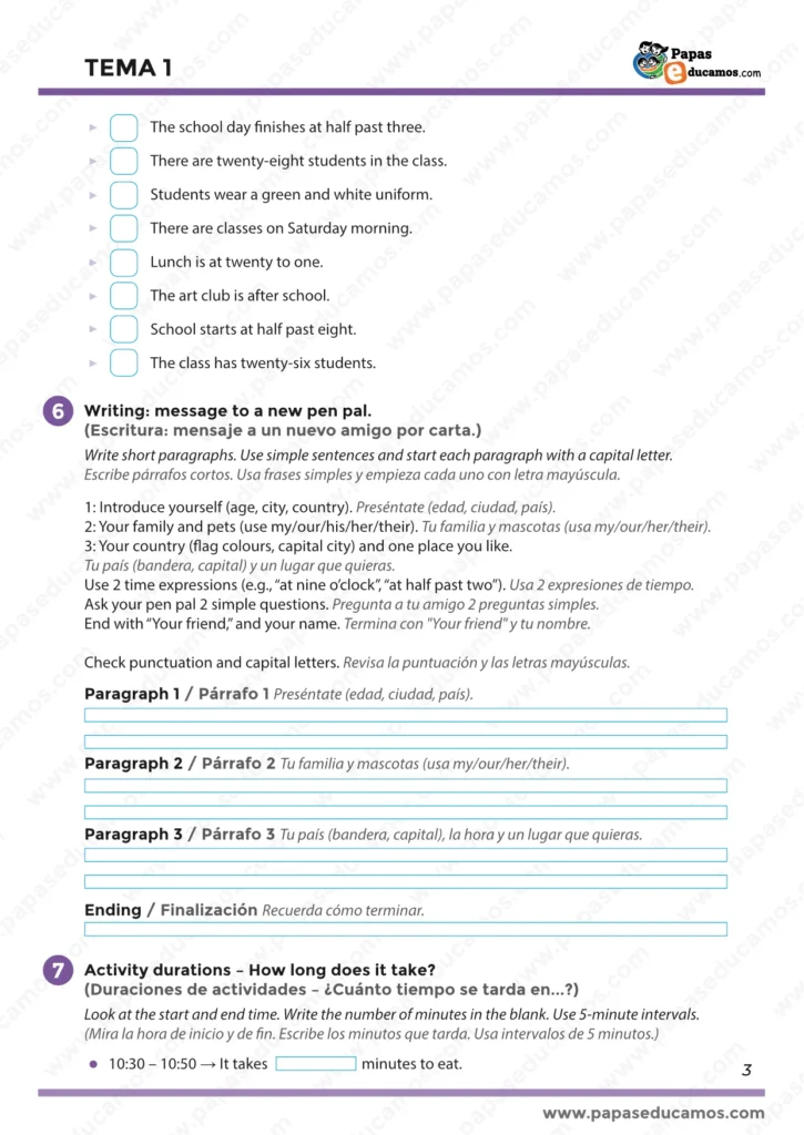 ejercicios_ingles_tema_1_5_primaria_03 Ficha de comprensión lectora y redacción de carta en inglés para quinto de primaria.