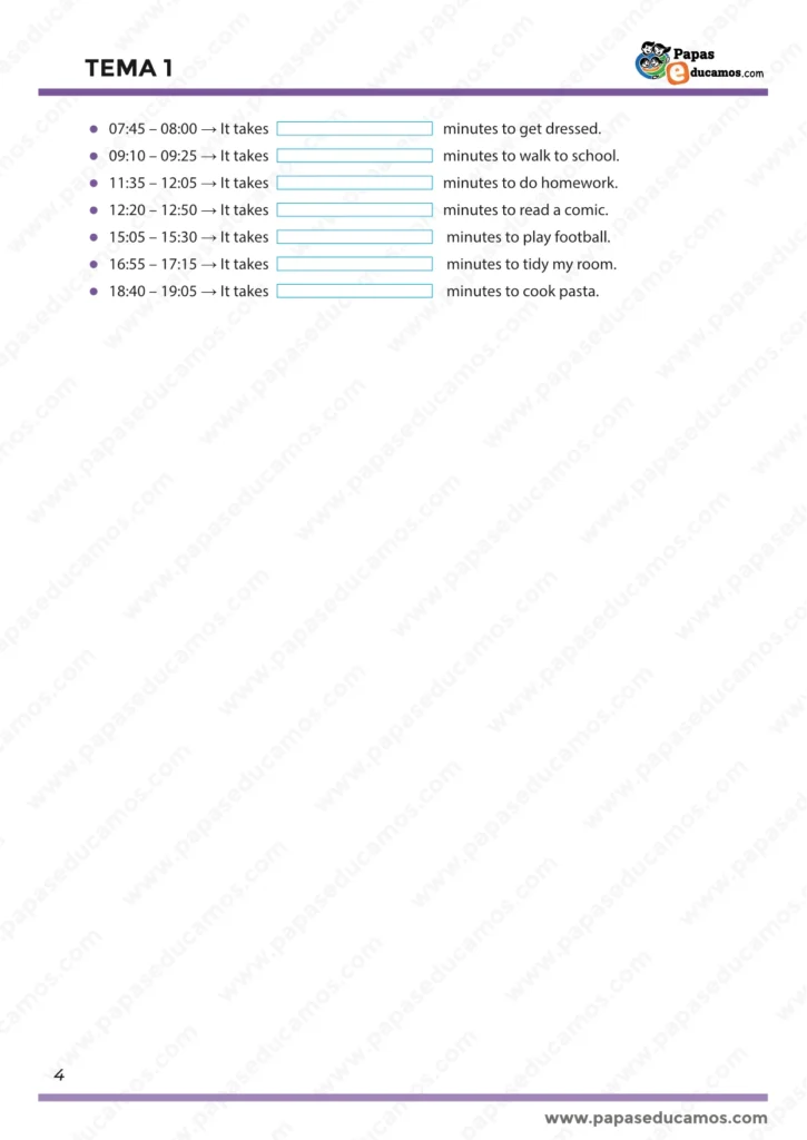 ejercicios_ingles_tema_1_5_primaria_04 Ficha final de inglés sobre duración de actividades diarias y cálculo del tiempo en minutos.
