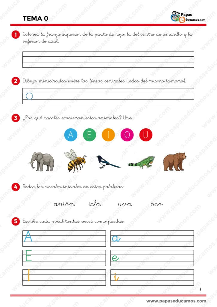 ejercicios_lengua_tema_0-1_1 Ficha educativa de Lengua, Tema 0, con actividades para colorear líneas de escritura, escribir vocales, unir animales con su vocal inicial y practicar las letras A, E, I, O y U en mayúsculas y minúsculas.