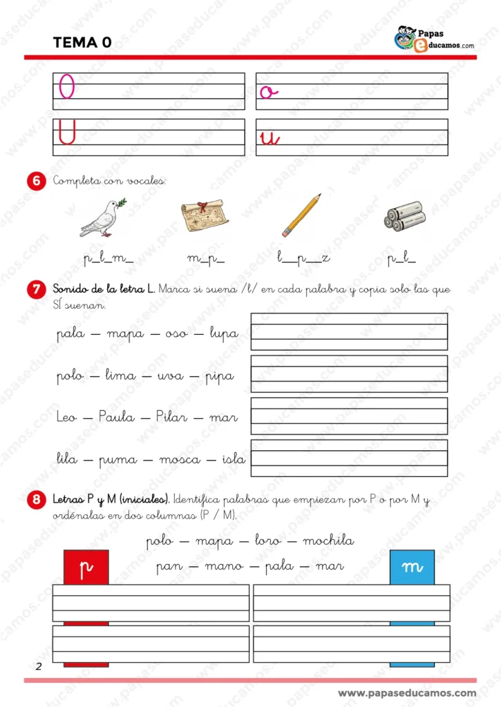 ejercicios_lengua_tema_0-2_1 Hoja de ejercicios del Tema 0 de Lengua para primero de primaria, con actividades para completar palabras con vocales, identificar el sonido de la letra L y clasificar palabras que empiezan por P o M.