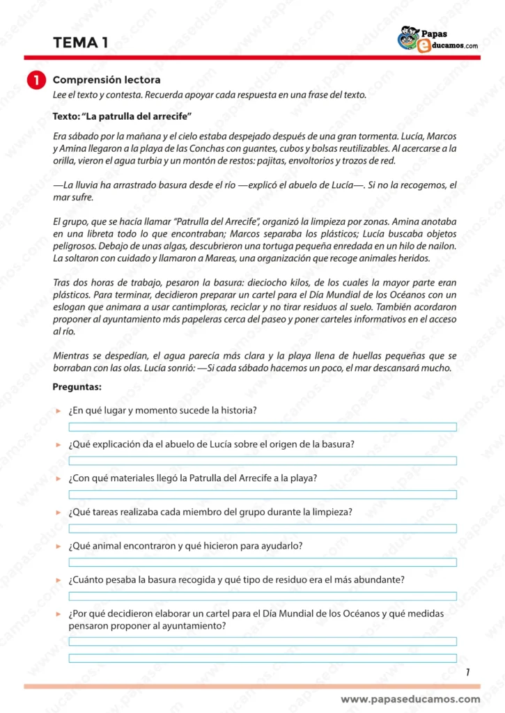 ejercicios_lengua_tema_1_5_primaria_01 Página con un texto de comprensión lectora titulado “La patrulla del arrecife” y preguntas relacionadas para reflexionar sobre la historia. Basado en el Tema 1 de Lengua de Santillana.