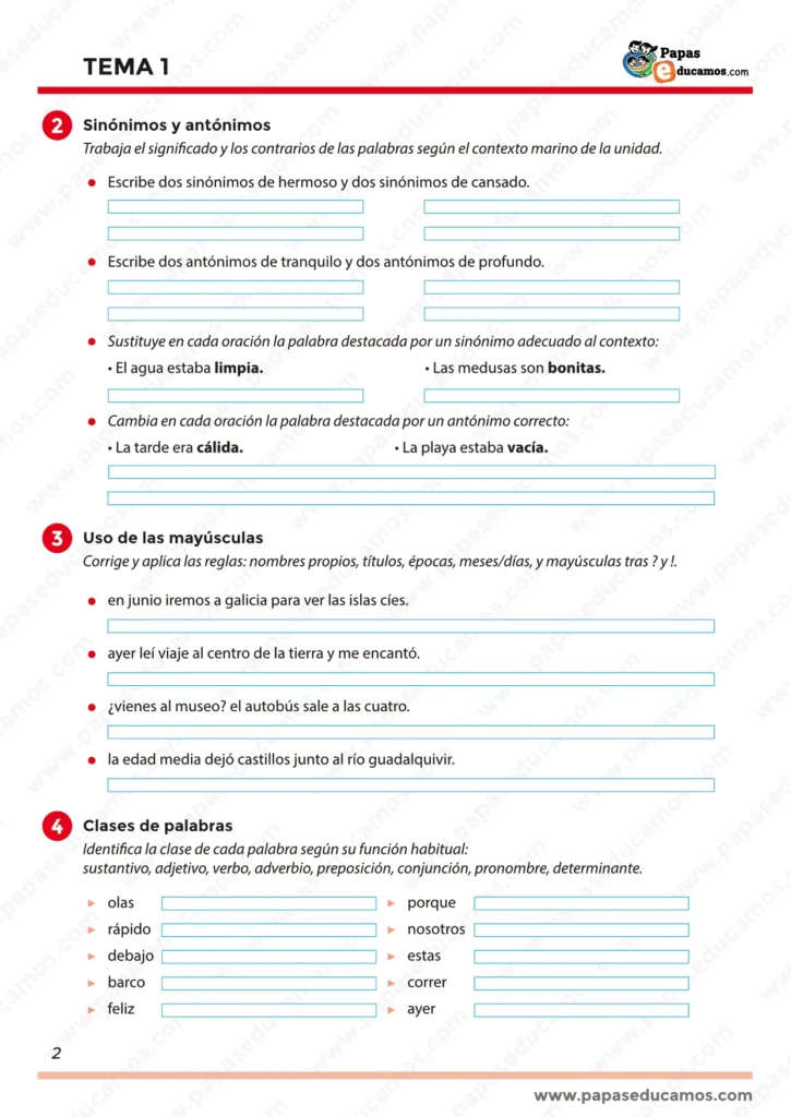 ejercicios_lengua_tema_1_5_primaria_02 Hoja con actividades de vocabulario de sinónimos y antónimos, ejercicios de uso de mayúsculas y clasificación de palabras por su tipo. Basado en el Tema 1 de Lengua de Santillana.