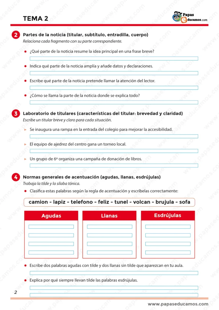 ejercicios_lengua_tema_2_5_primaria_02 Actividades sobre las partes de la noticia y reglas de acentuación para quinto de primaria.