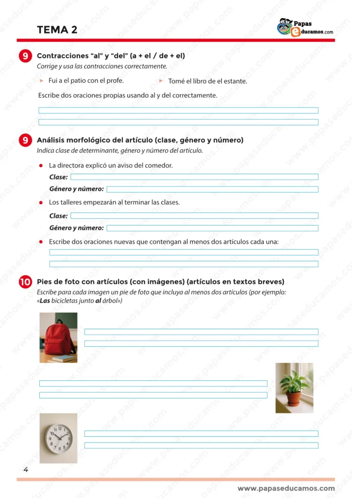 ejercicios_lengua_tema_2_5_primaria_04 Ficha final del Tema 2 de Lengua con contracciones, análisis morfológico y redacción de pies de foto.